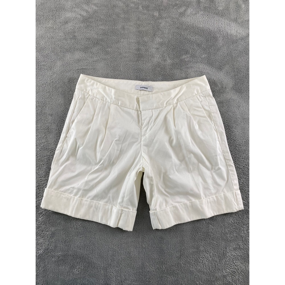 Express Womens Size 2 Off White Pleated Cuffed Cotton Twill Shorts Mid Rise